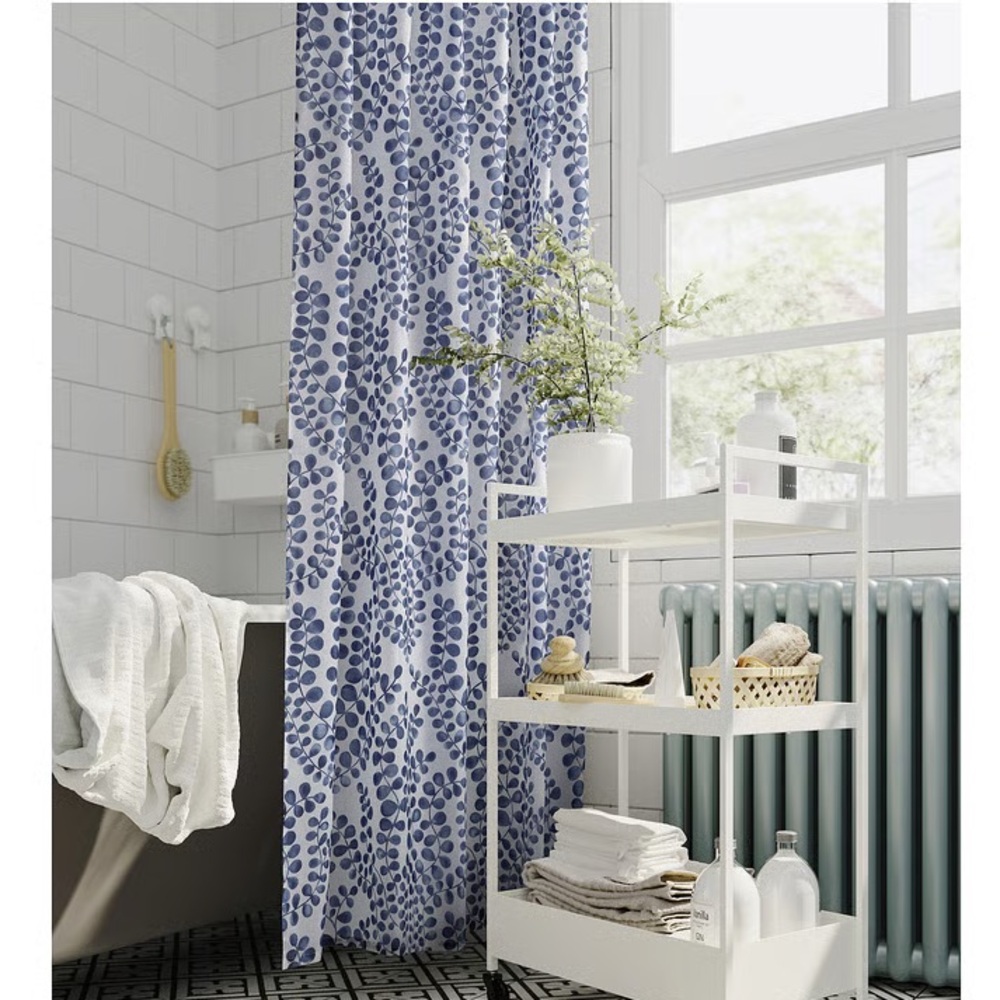 Blue Leaf Pattern Shower Curtain - White and Blue - Picture 4 of 6